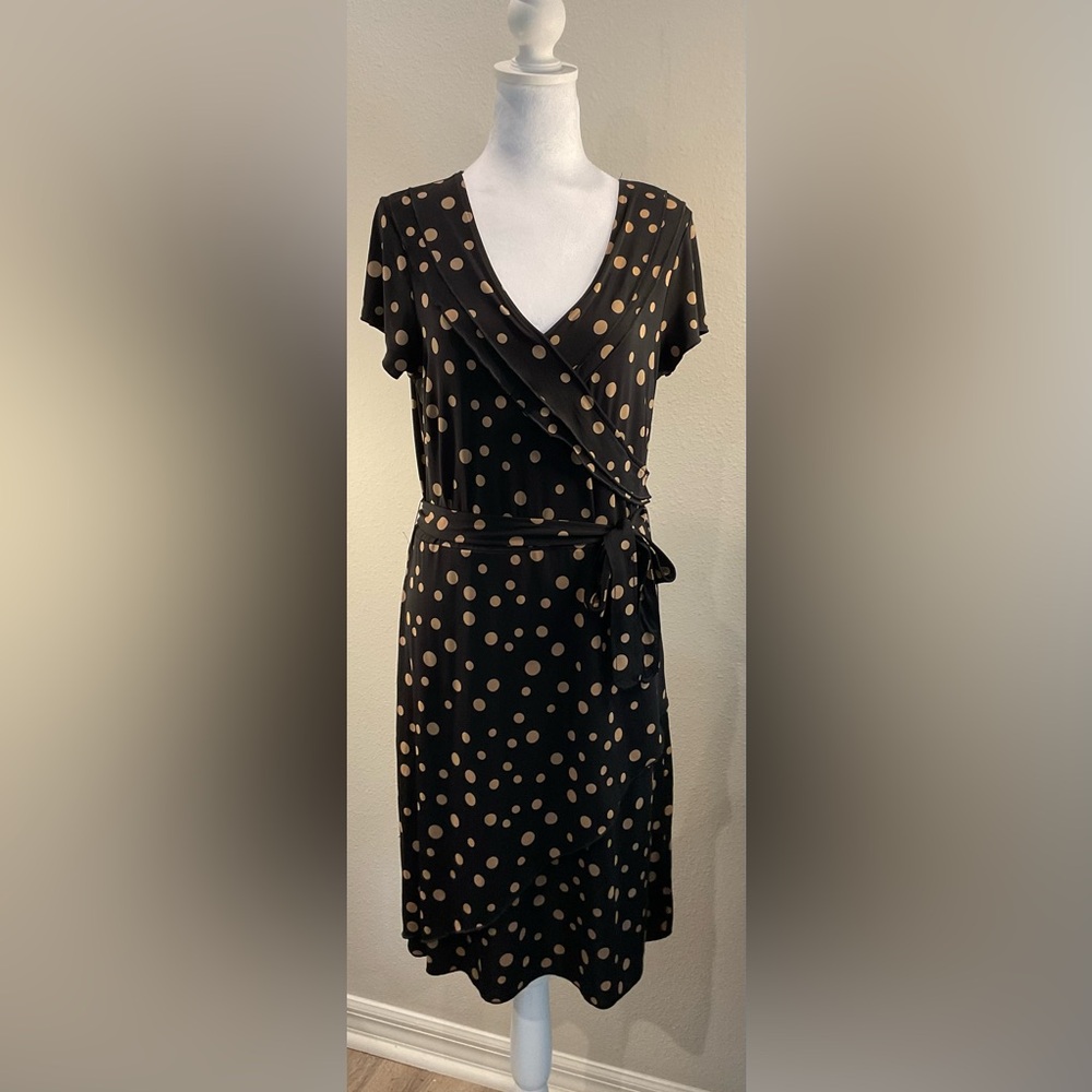GAP Polka Dot Faux Wrap Dress in Black with Gold
